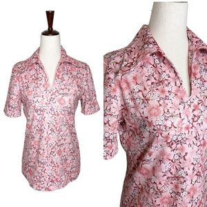 Vintage 70s Flower Power Pink Floral Collared Polyester Short Sleeve Top